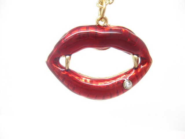 Sexy red lips evil teeth necklace rhinestone Marilyn Monroe gift for her birthday holiday valentine's Day - dollarjewelry