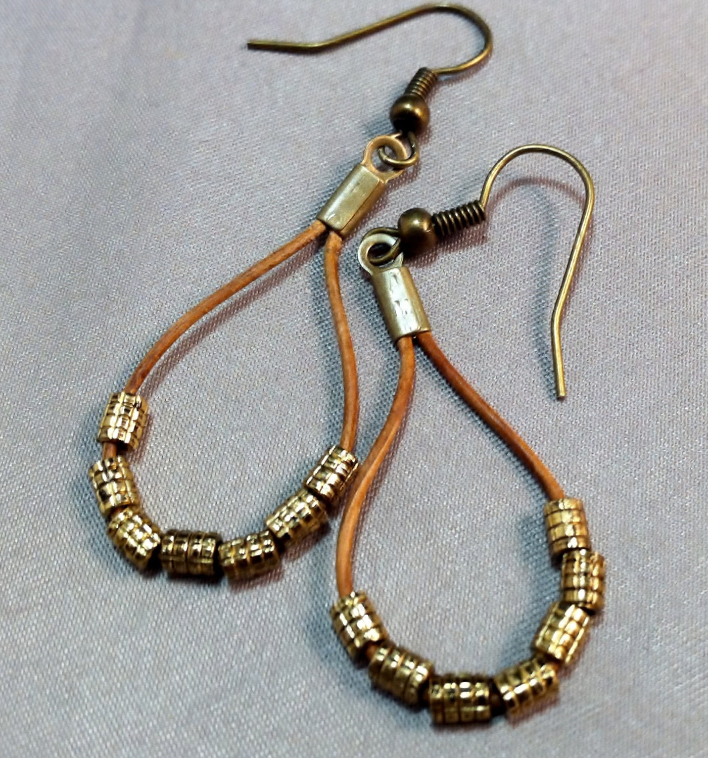 Brown Leather Hoop Dangles Earrings with Gold Beads