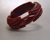 Bakelite Bracelet Wide Deeply Carved Chocolate Brown Bangle Vintage 1940s Jewelry