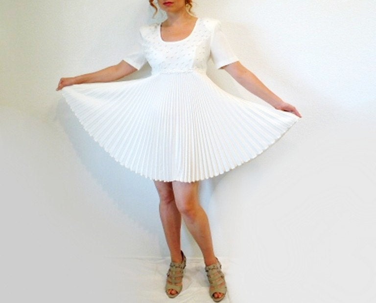 SALE Vintage WILD ROSE Mini Dress White Pearls Dress Accordion Pleats Full Swing Skirt Wedding Formal Cocktail Party Gown