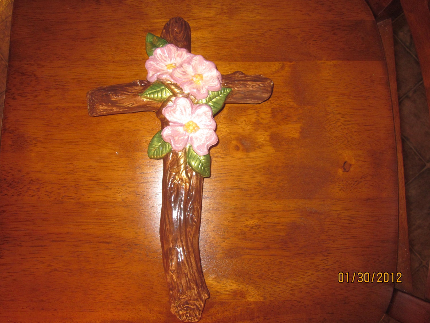 Ceramic Dogwood Cross handpainted