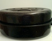 Antique 1940's shiny black and white flecked graniteware roasting pan with lid