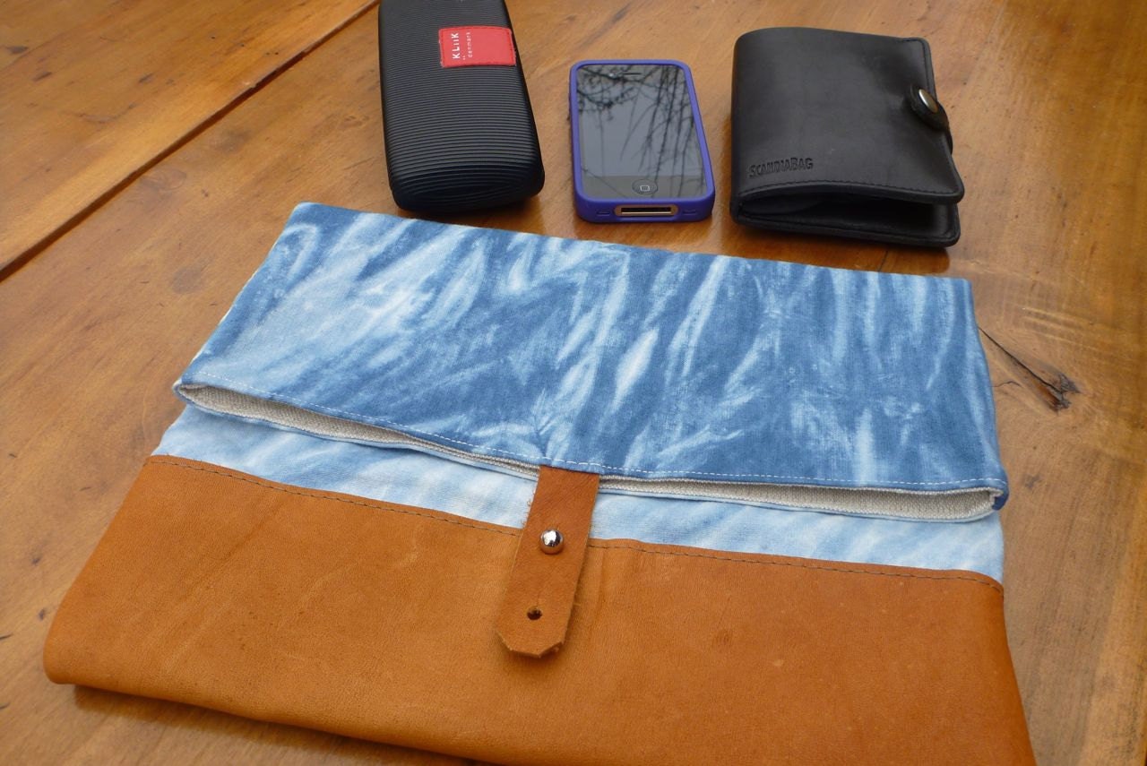 Arashi shibori organic cotton hemp linen hand dyed leather blue "river" pouch clutch