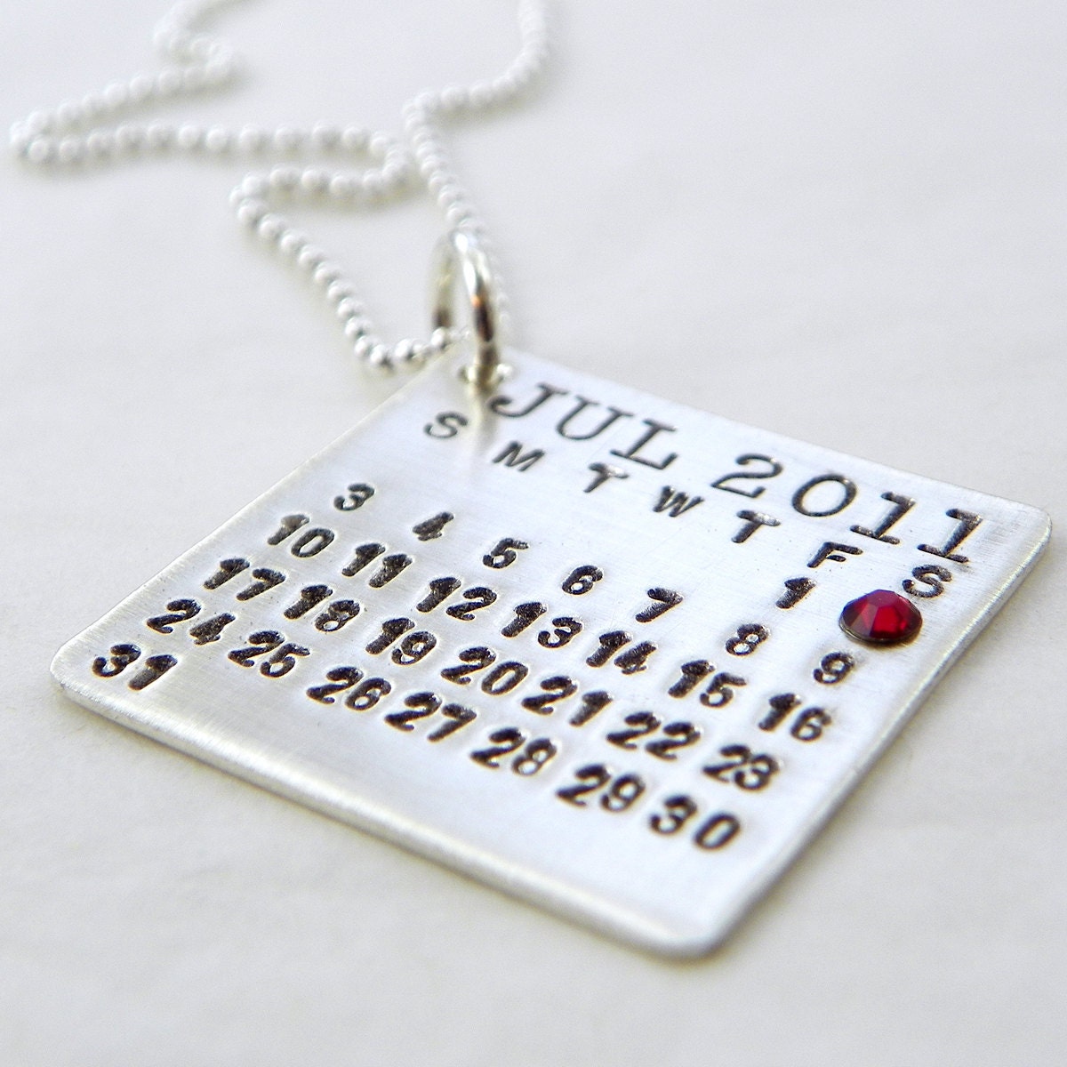 Hand Stamped Calendar Necklace - Mark Your Calendar Necklace - personalized sterling silver necklace with flat back Swarovski crystal