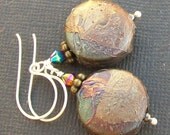 lampwork earrings artisan metallic wrapped coin shape glass beads- wrapt