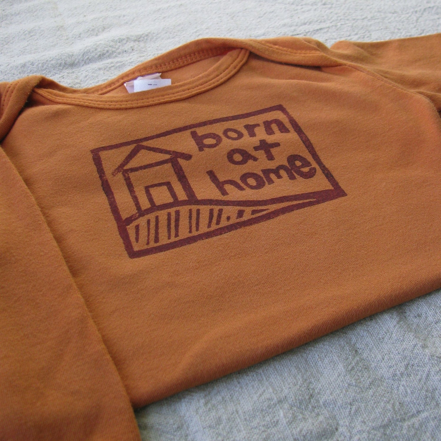 Long Sleeve Homebirth Onesie, Lino cut block print, hand dyed, 12 to 18 Month Size