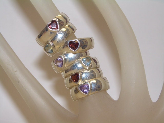 Sterling Silver Heart Gemstones  Rings, Amethyst, Blue Topaz, Garnet