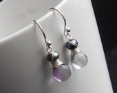 Flourite and Freshwater Pearl Earrings Sterling Silver Wire Wrapped Purple and Green