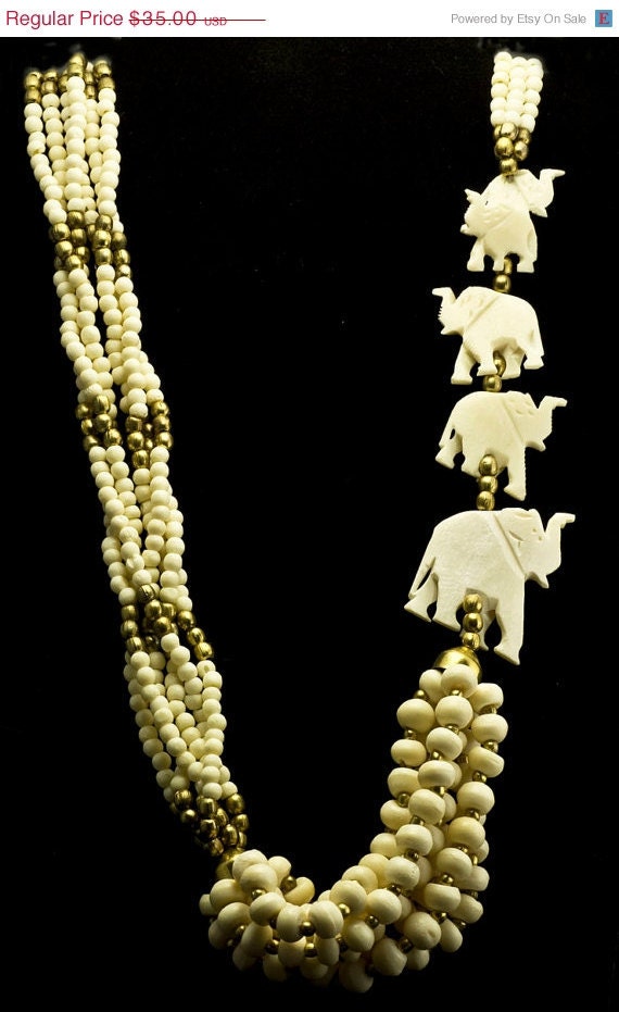 Vintage Carved Bone Necklace and Earrings with Elephants