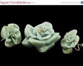 Vintage Light Blue Plastic Rose Brooch and Earrings