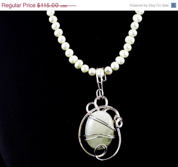 Sculptured Silver and Jade Pendant with Pearls