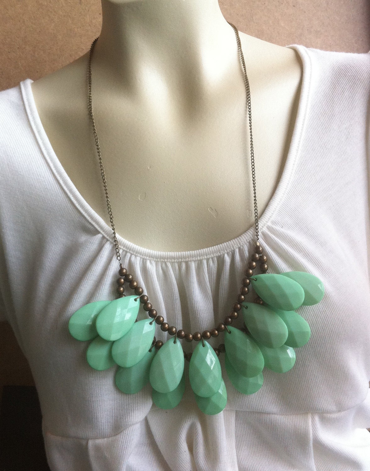 RESERVED long double stranded seafoam green briolette bib necklace with antiqued brass chain