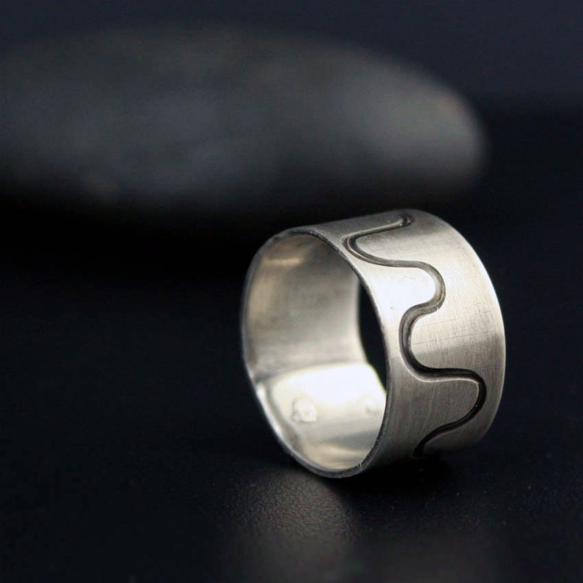 Serpentine Wide Band Silver Ring - Stamped and Riveted - FREE shipping