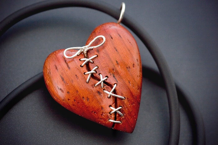 Stitched Heart Pendant hand carved in African Paduak