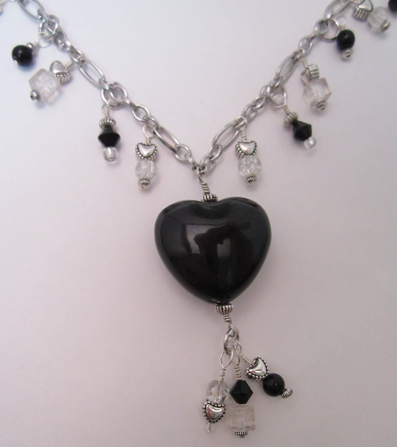 Black and Crystal Necklace and Earring Set, Valentine Hearts Jewelry, Goth Love - LizzysFancies