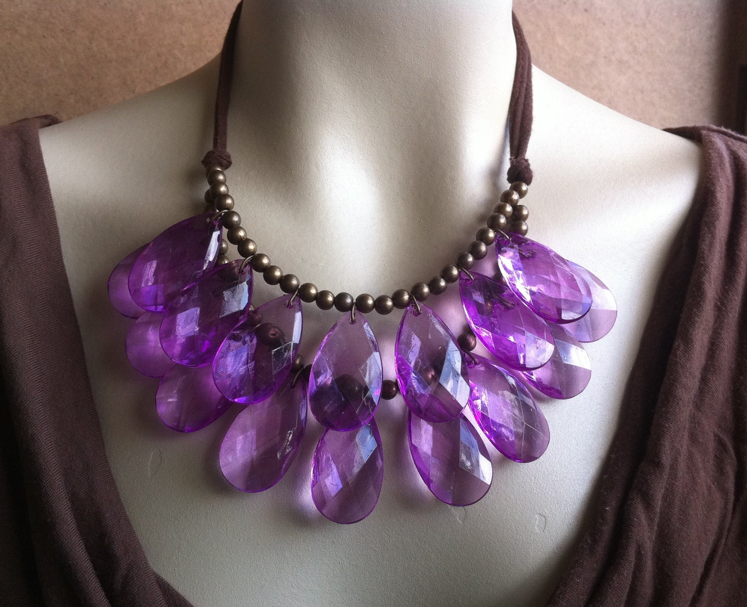 Double Stranded Briolette Teardrop Bib Necklace Bright Purple with Brass and Brown Jersey Stormy Seas Anthropologie