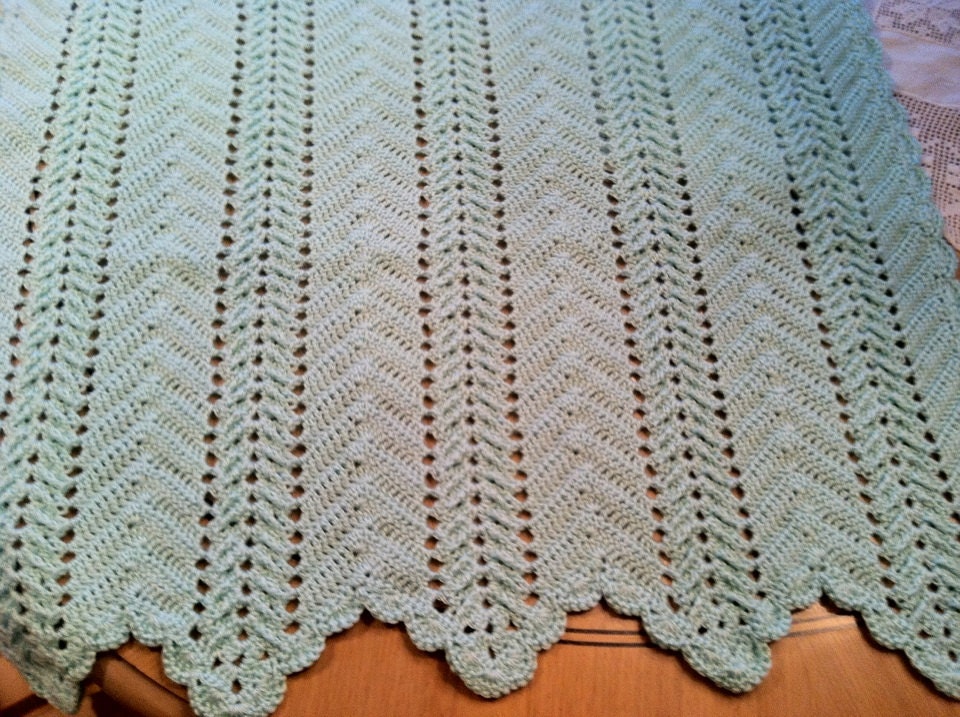 Baby Blanket Afghan Crocheted Light Green Ripple Stitch