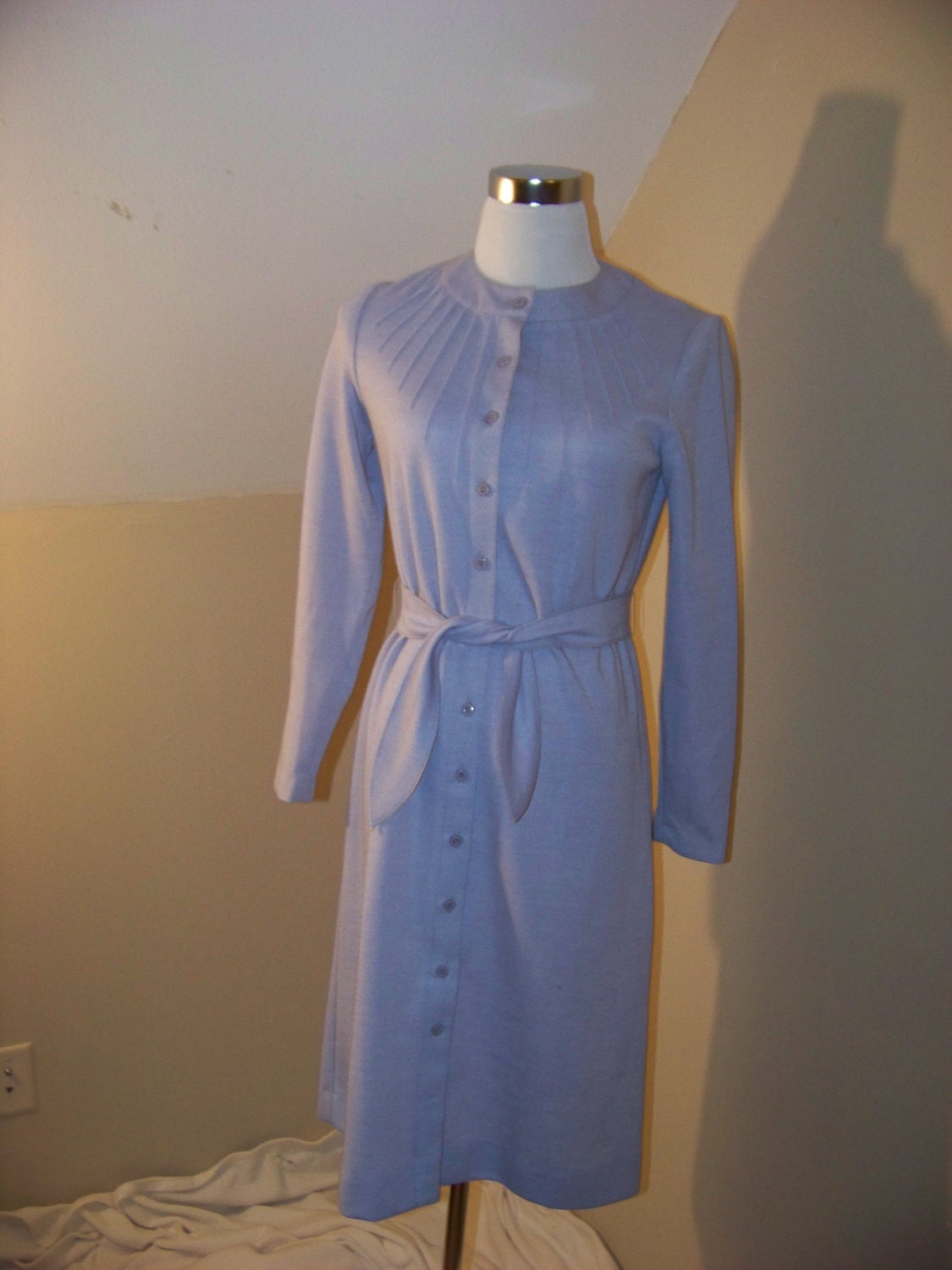 Periwinkle Pintuck Belted 1970s Vintage Dress
