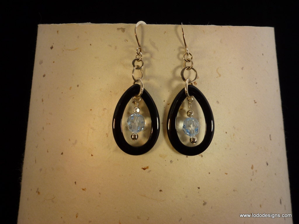 Black Onyx Drops with Sterling Silver Chain and Dazzling Round Blue Swarovski Crystal