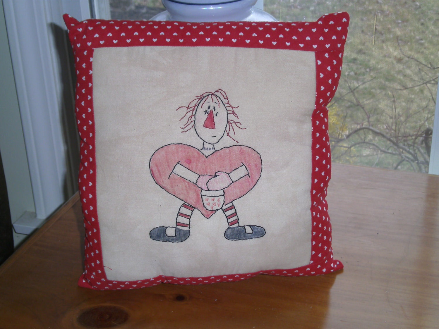 Valentine's Day Pillow,Primitive,Cupids Heart, Hand Embroidered