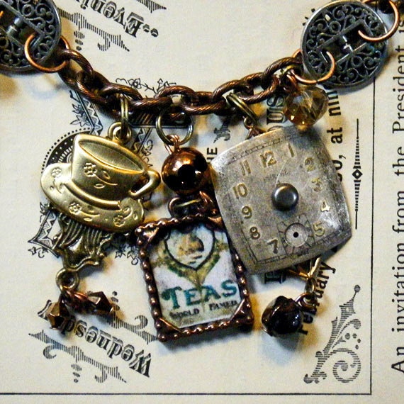 TEA TIME -  Victorian Edwardian Steampunk Altered Art Charm Bracelet