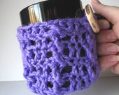 Purple Coffee Tea Mug Cozy Crochet Cable Mug Cozy With Handmade Wood Buttons