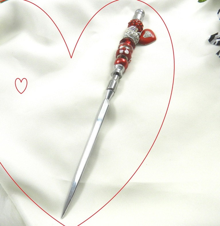 Red Glass Beaded Letter Opener With Heart Charm Accent
