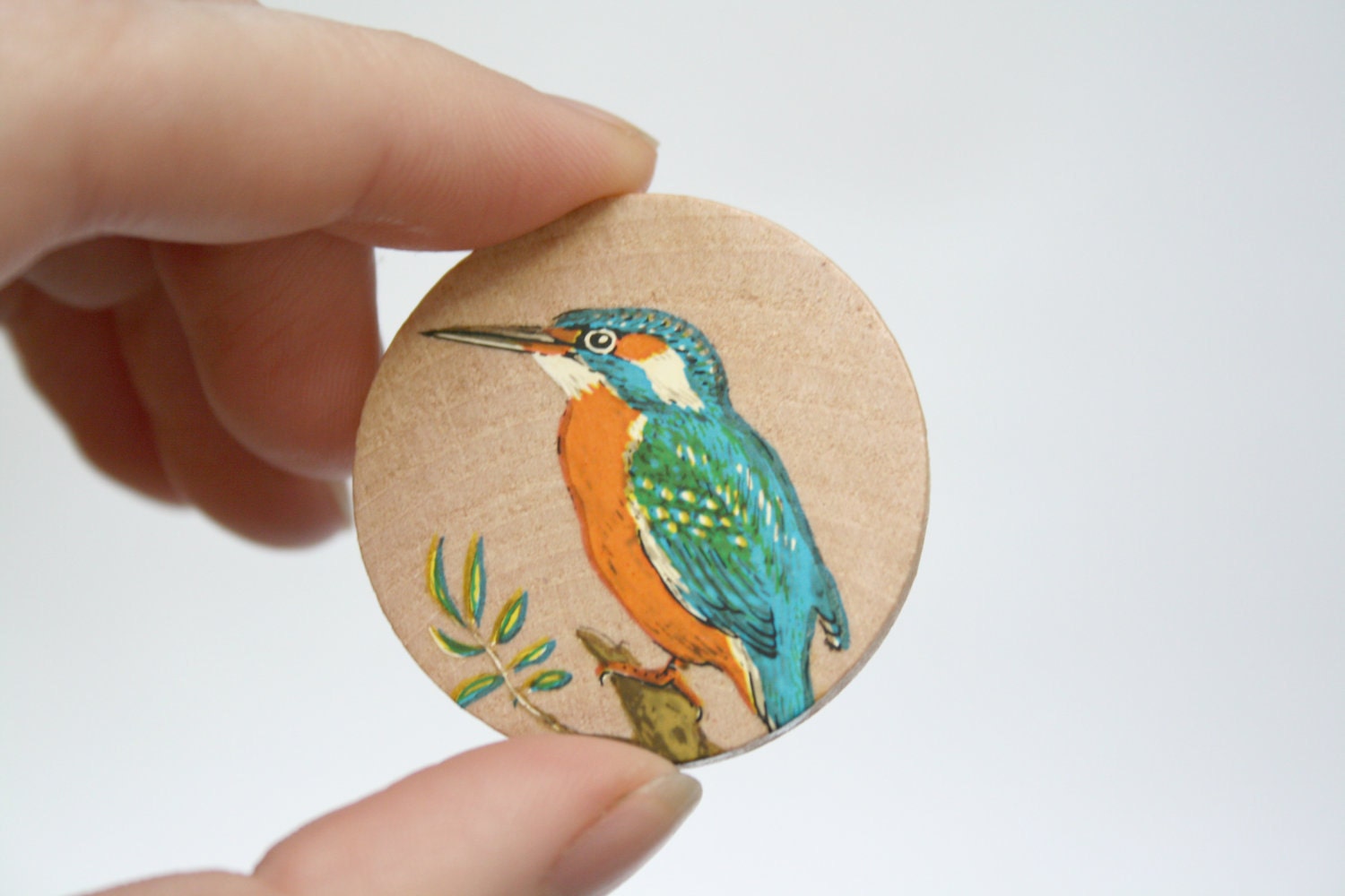 Wooden Kingfisher Bird Brooch