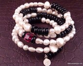 Wrapping Cuff Bracelet of Freshwater Pearl and Onyx with a Swarovski Crystal Surprise