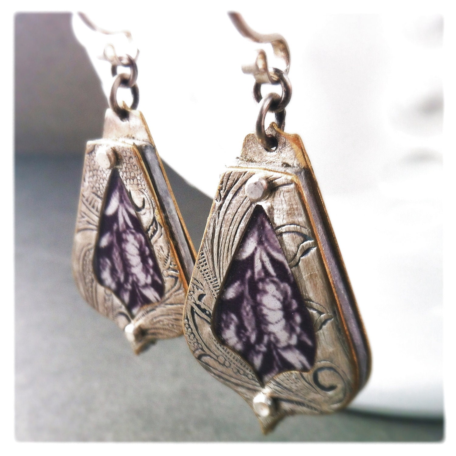 Black and White Print Earrings - Teardrop - Upcycled - Art Nouveau
