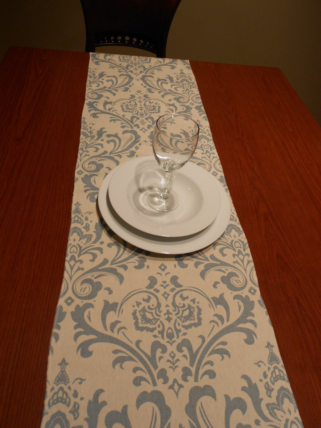 Lot of 12 wedding party table runners, gray on  white damask fabric, 96  x 13 inches