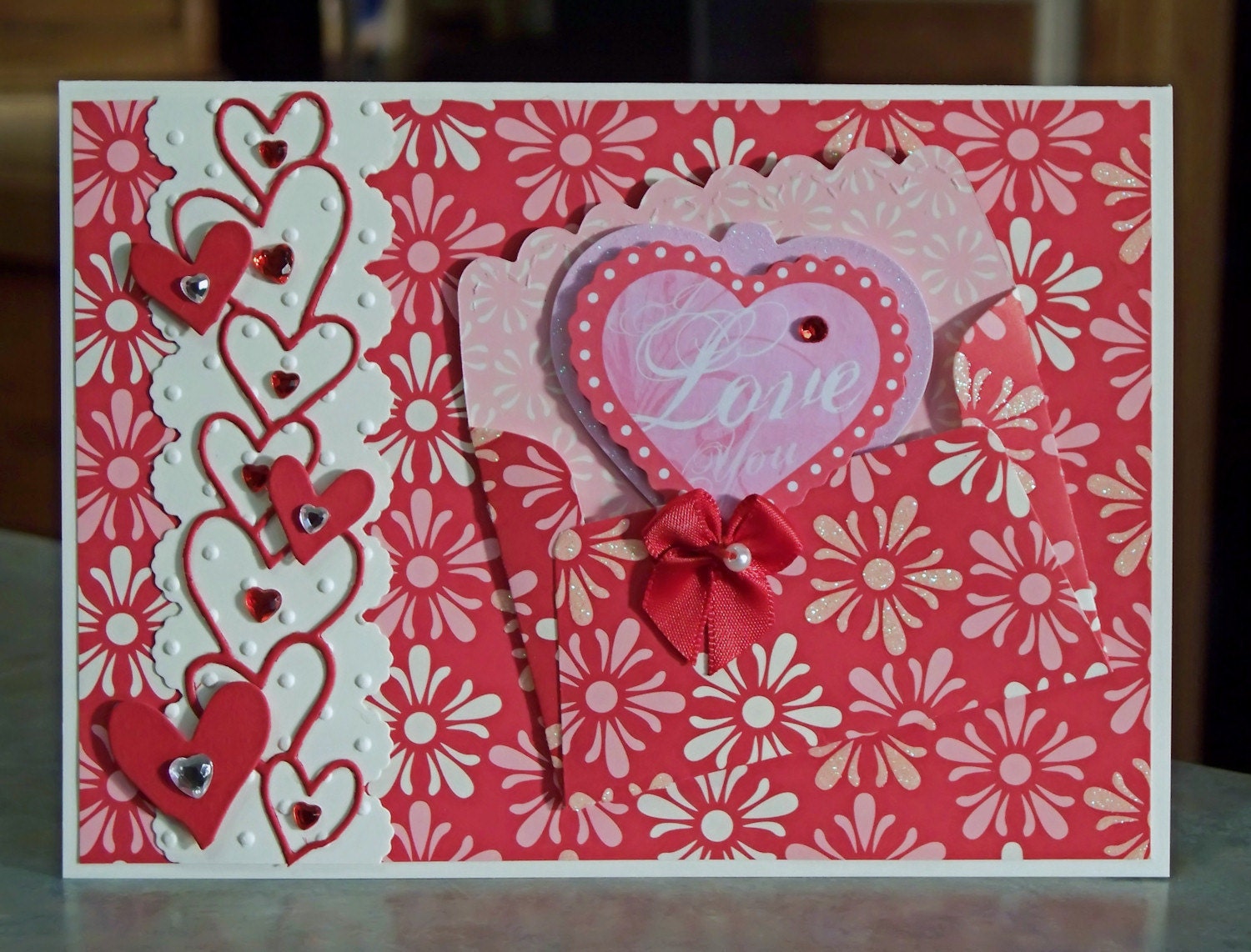 Valentines Day Card, Die Cut Hearts and Scallop Mini Envelope