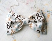 SALE Letters  Bow tie necklace Fabric bow pendant with silver chain 20" Geometric  blue white brown Letter print