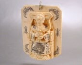 Carved Ivory Netsuke Pendant Pre-Ban Large Statement Scrimshaw Vintage 1940s Jewelry
