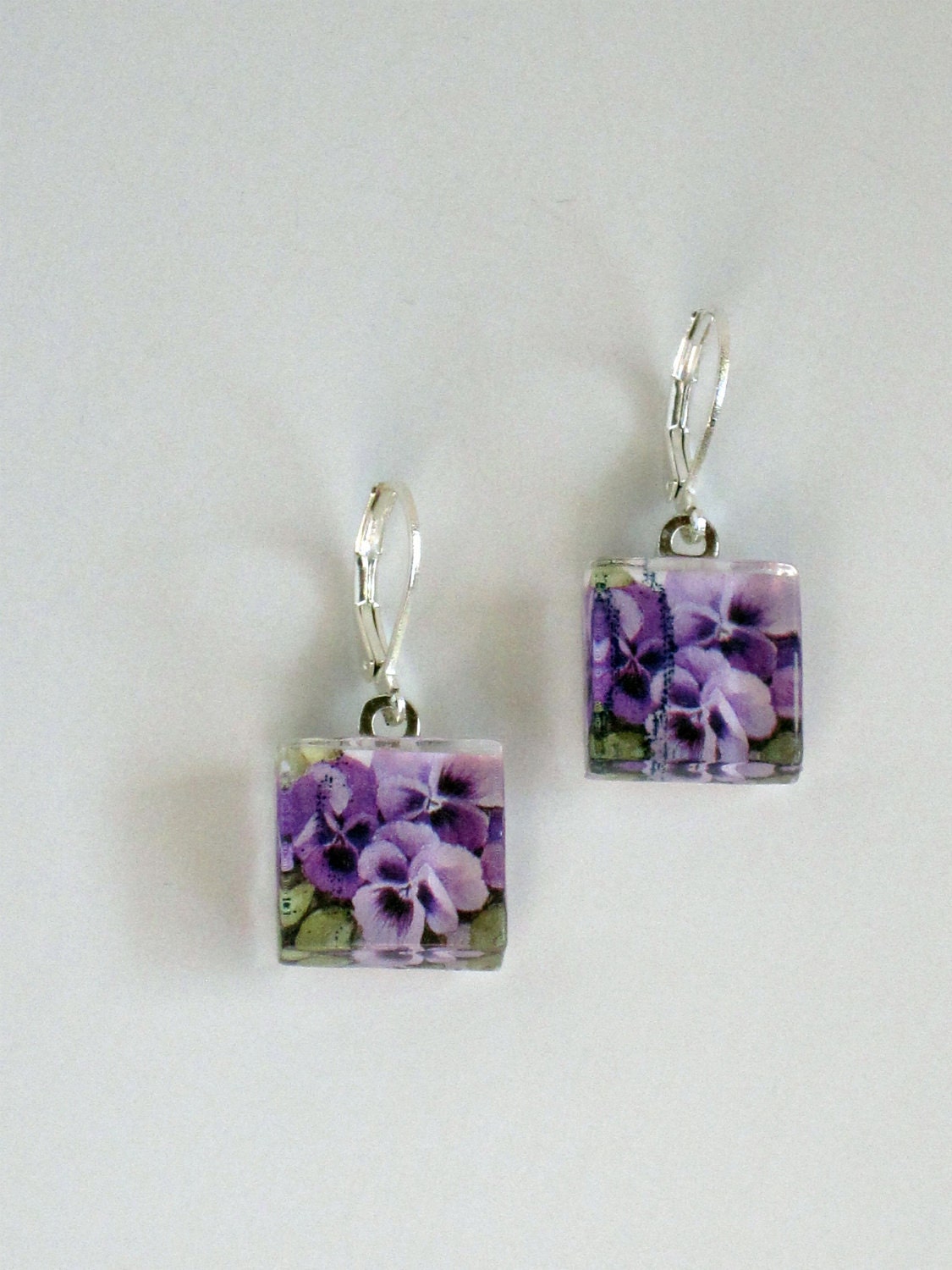 2010 Purple Pansy Love Postage Stamp Glass Tile Dangle Earrings