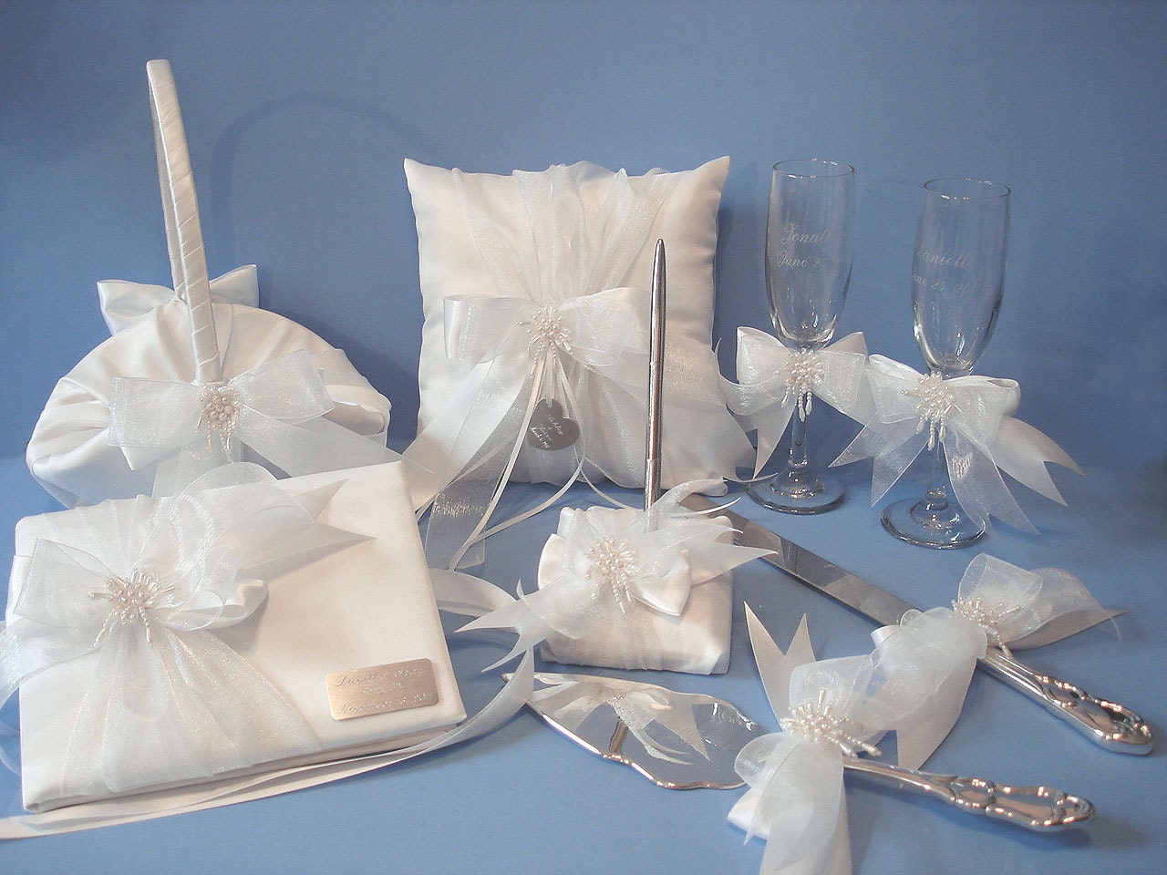 Wedding Accessories, Guest Book, Pen, Flower Girl Basket, Ring Bearer Pillow, Toasting Flutes, Cake Serving Set with Pearls and Engraving
