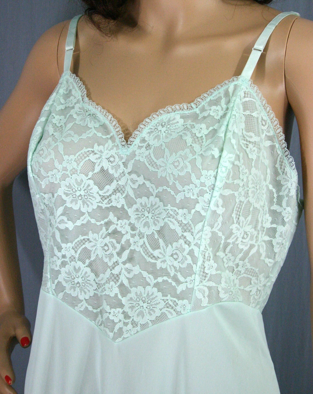 60s Mint Green Chiffon and Lace Full Slip Dress by Vanity Fair, 36 - Vintage Lingerie