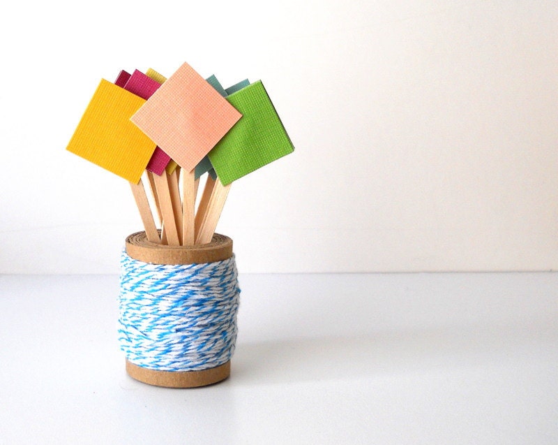 Cupcake Toppers, 12 Colorful Squares - Decor, Party, Birthday, Dessert, Paper, Cute, Wedding, Wooden Picks, Spring, Summer, Bright