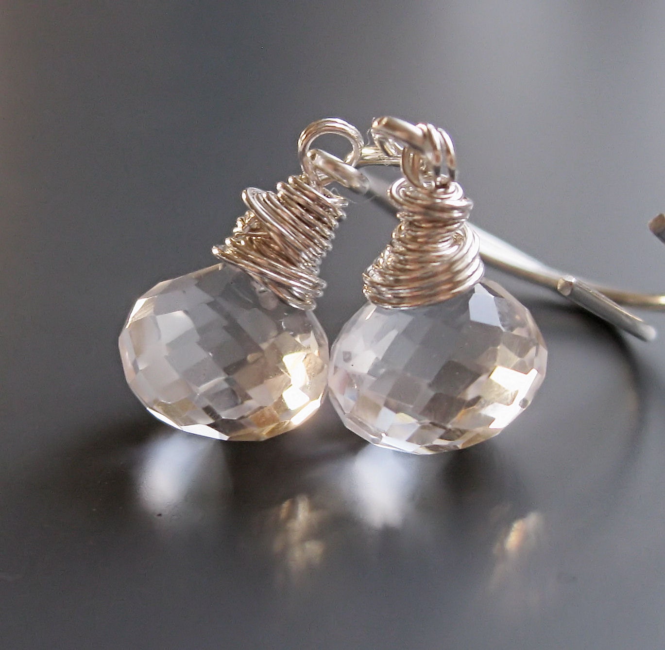 Quartz Earrings - Clear, Drops, Wire Wrapped Earrings, Sterling Silver, AAA, Handmade Jewellery