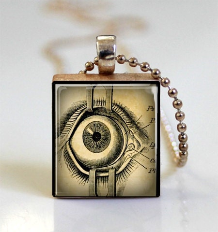 Human Anatomy Eyeball Gothic Steampunk Scrabble Tile Pendant (ITEM S724) Ball Chain Necklace or Key Ring Included