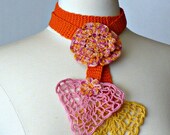 Crochet Necklace Lariat Irish Lace in Orange Pink and Yellow