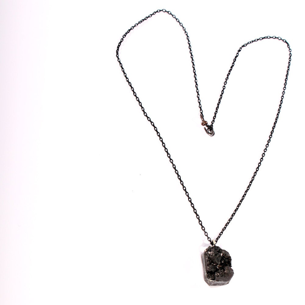 Black Druzy Necklace - Bohemian Jewelry Gothic chunky extreme texture gemstone Pendant  thin black chain, old looking Quartz Be Mine