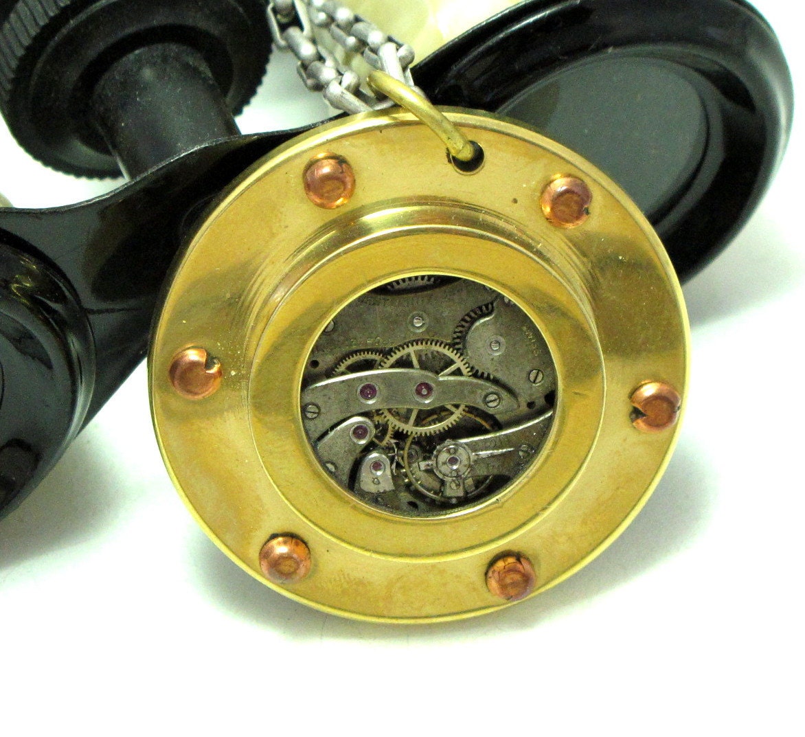 Steampunk Porthole OOAK Necklace Long Vintage Watch Movement Jules Verne Dieselpunk Exclusive Design By Mystic Pieces