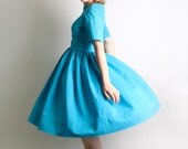 1950s Day Dress - Vintage Handmade Bright Sky Blue Classic Dress - Medium to Large - zwzzy