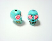 Red Hawaiian Hibiscus in Small Turquoise Day of The Dead  Sugar Skull Beads-12mm