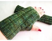 Fingerless Gloves, Hand Knit, Hand Dyed Merino Wool Cashmere, Green Arm Hand Warmers