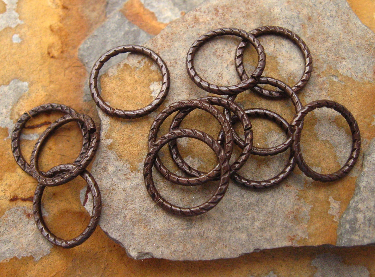 6 Etched Trinity Vintage Patina 12mm Open Jumprings 16 Gauge - Trinity Brass Co. LOW SHIPPING