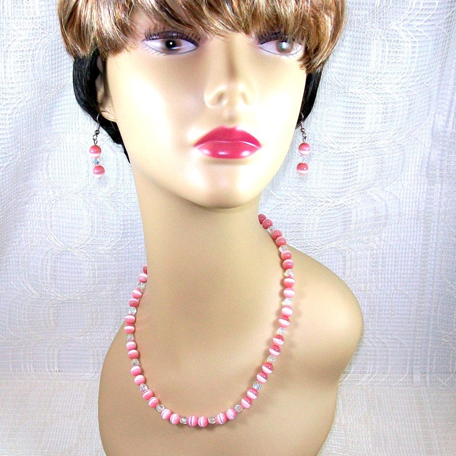 Pink Cat's Eye Necklace and Earrings Set