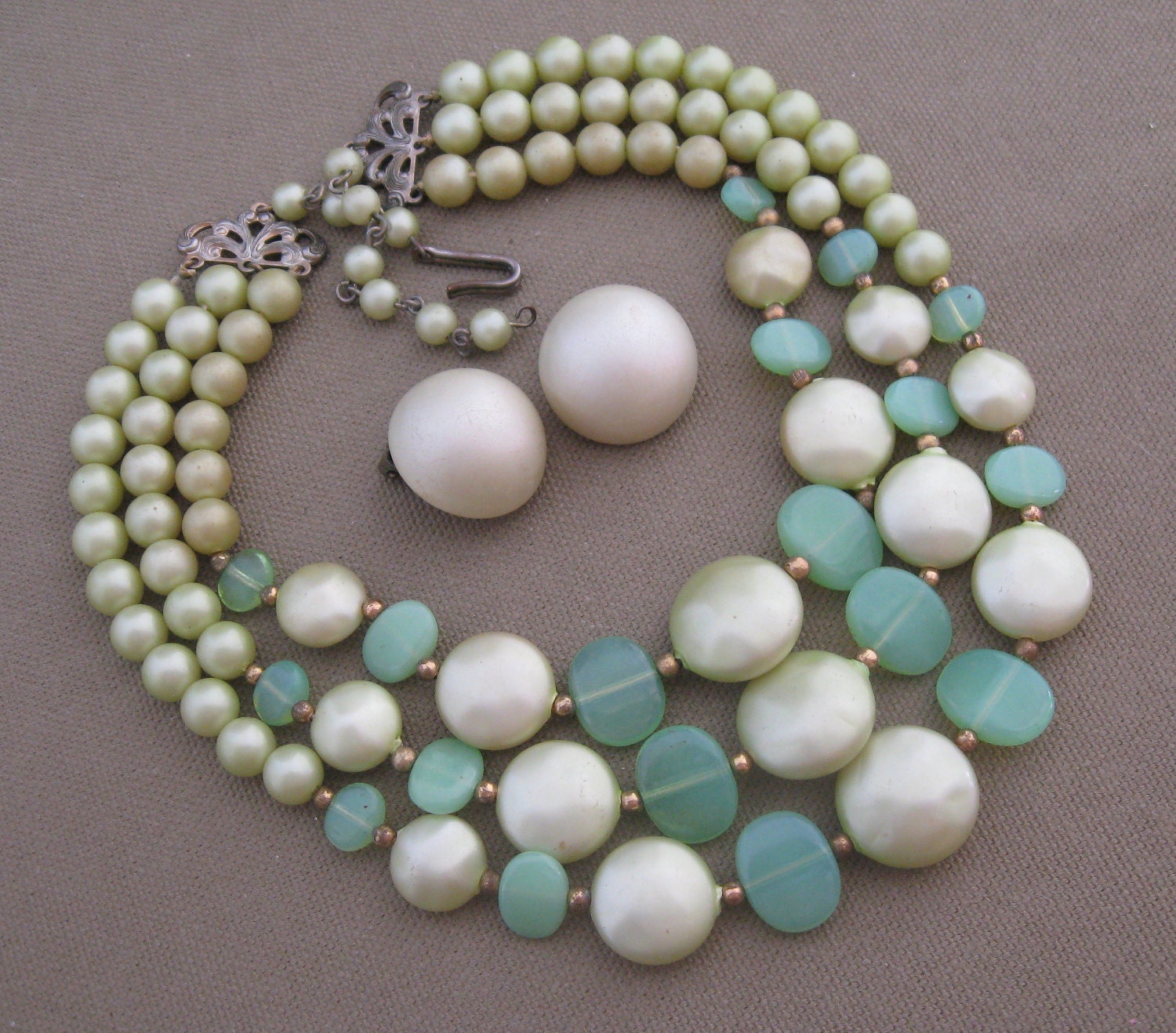 Vintage Aqua Blue Green Beaded Necklace Set Multi Strand