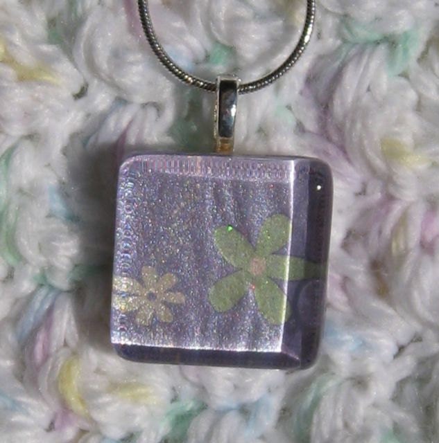 Lavender background with Green and White daisy flowers Scrabble Glass Tile Pendant